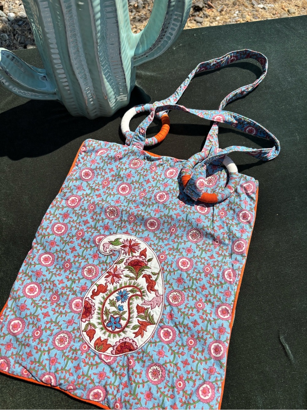 Hand Crafted Blue Paisley Embroidered Shoulder Tote with Orange Trim